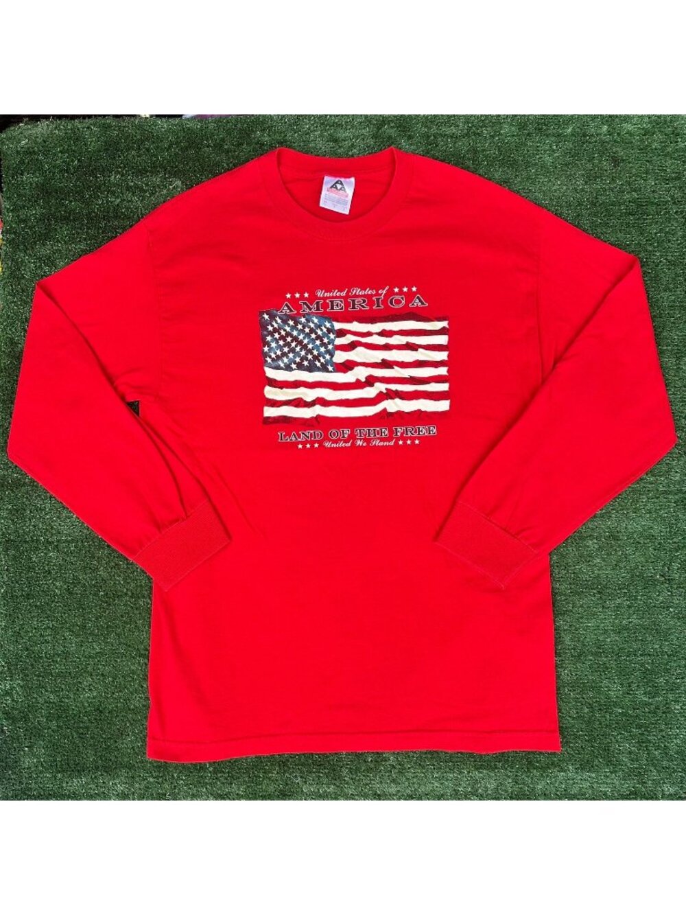 Vintage Y2K Freedom America USA Flag T-Shirt Red L Long Sleeve Patriotic Bright